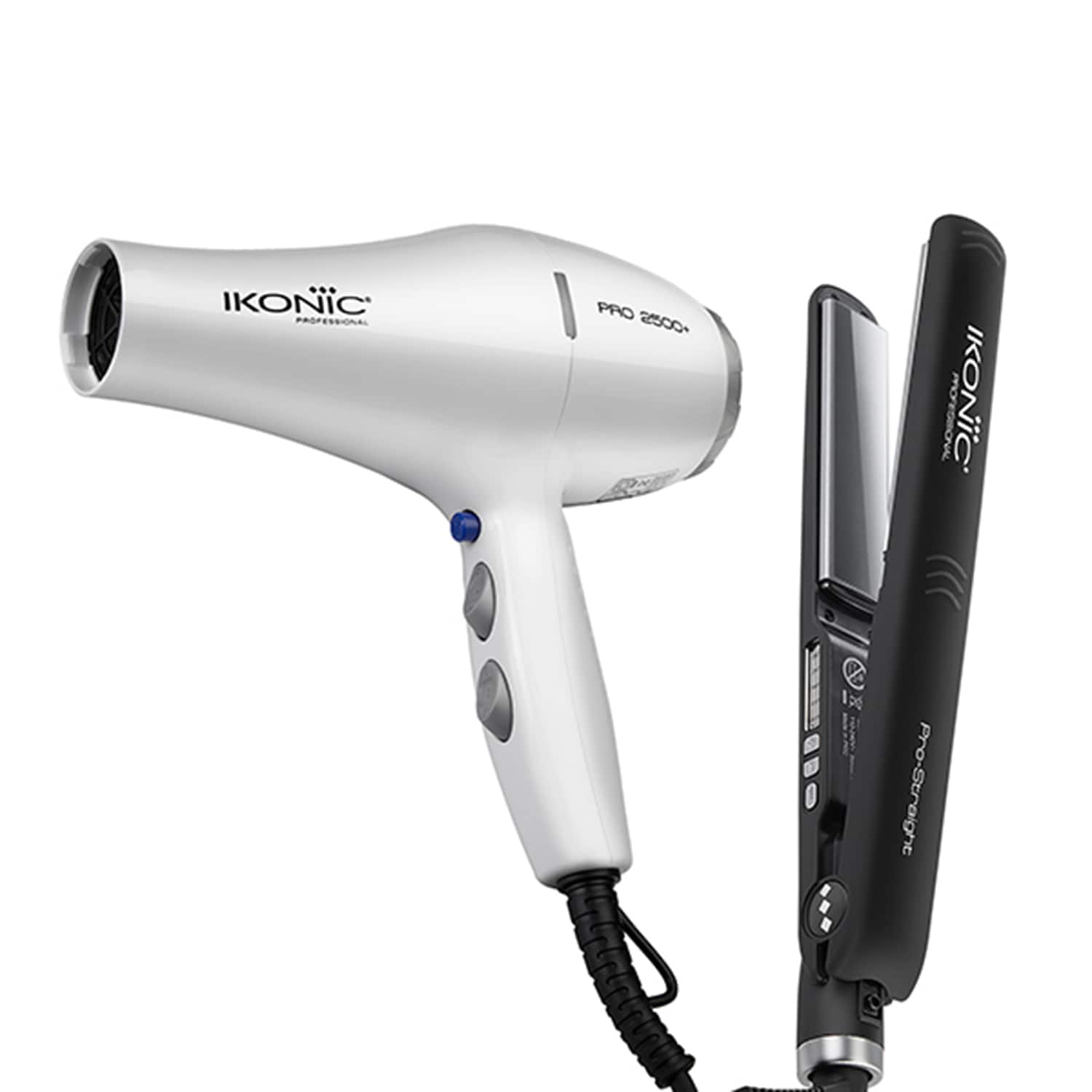 Ikonic Professional | Ikonic Professional Pro Straight Black Hair Straightener and 2500+ Pro White Hair Dryer Combo