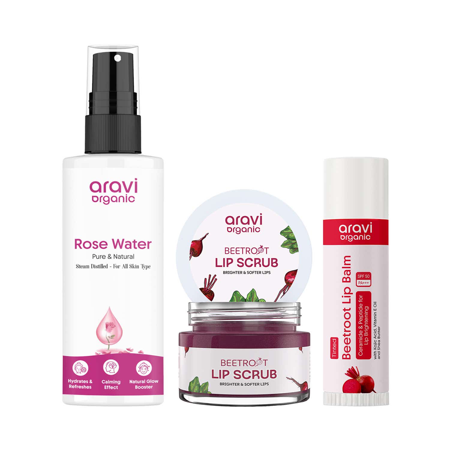 Aravi Organic | Aravi Organic Skin Hydration Rose Water Toner + Lip Scrub + Tinted Lip Balm Pack of 3 Combo
