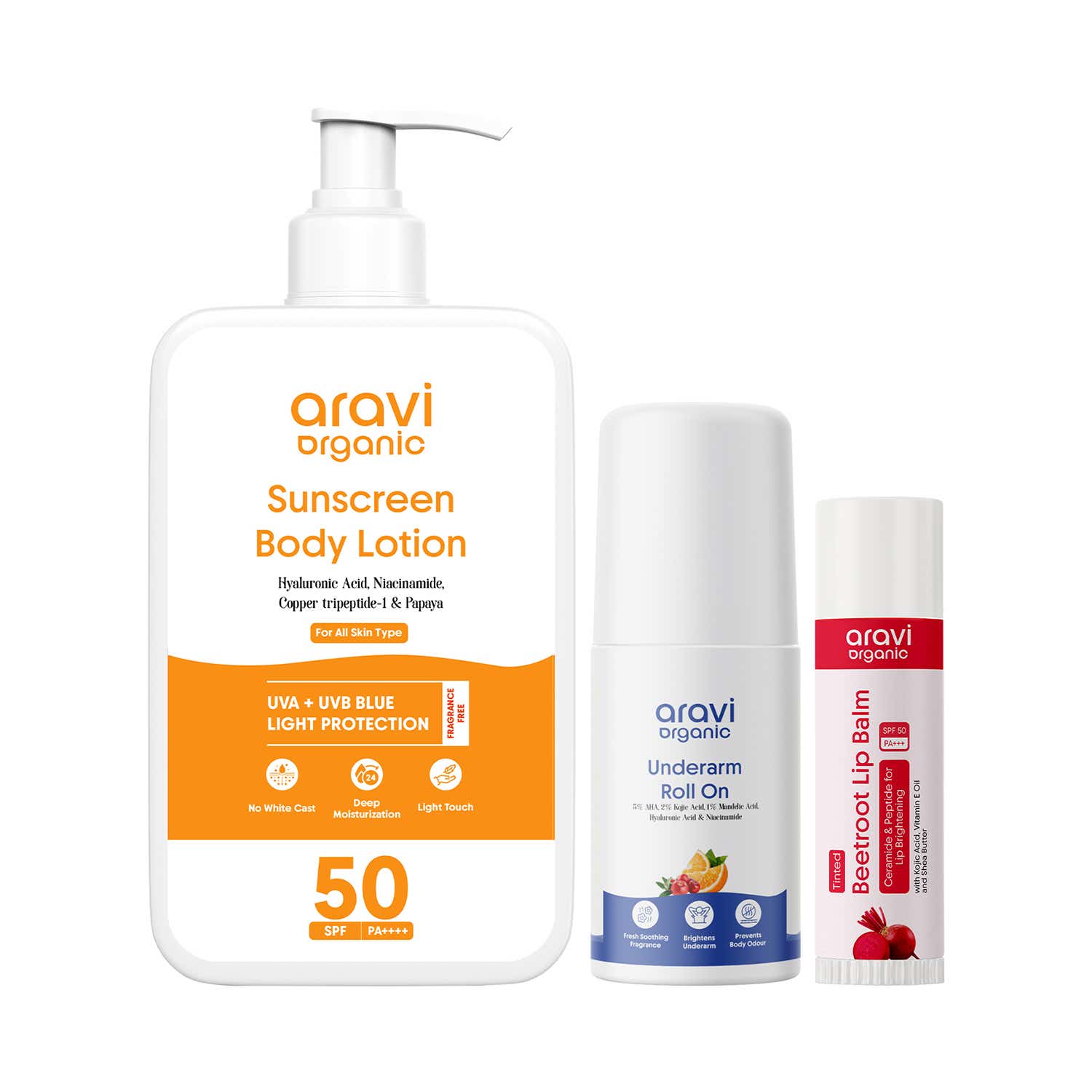 Aravi Organic | Aravi Organic SPF Body Lotion, Underarm Roll-On & Tinted Lip Balm Pack of 3 Combo