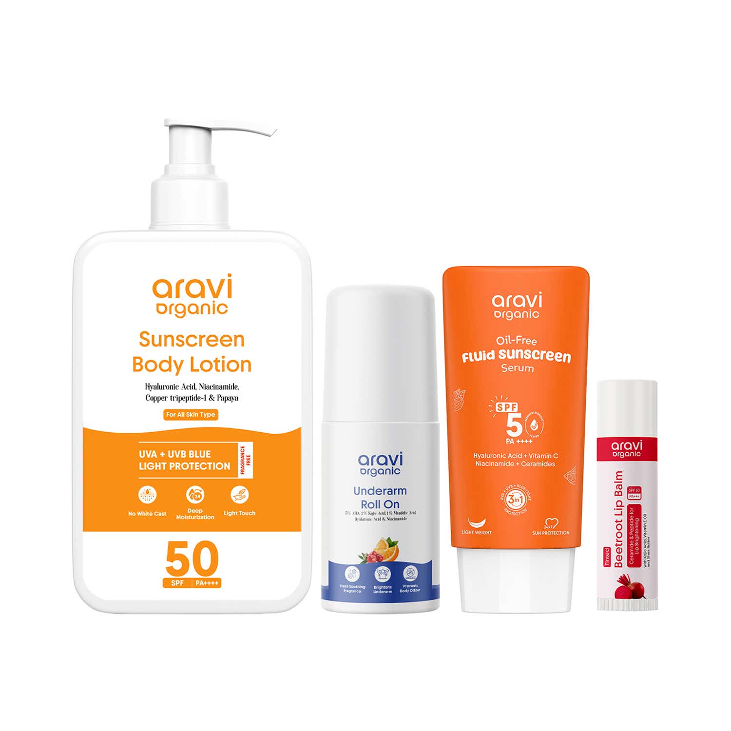 Aravi Organic | Aravi Organic SPF Body Lotion, Roll-On, Fluid Sunscreen & Tinted Lip Balm Combo