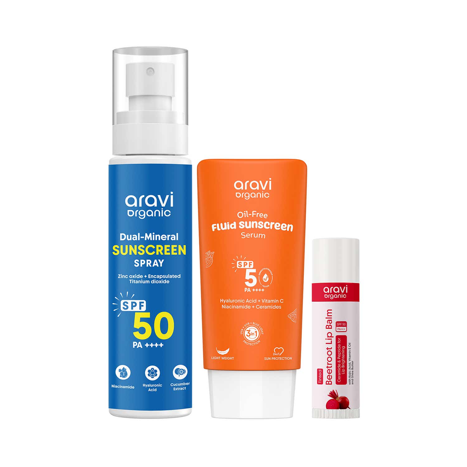 Aravi Organic | Aravi Organic Body Sunscreen Spray, Fluid Sunscreen & Tinted Lip Balm for UV Defense Pack of 3 Combo