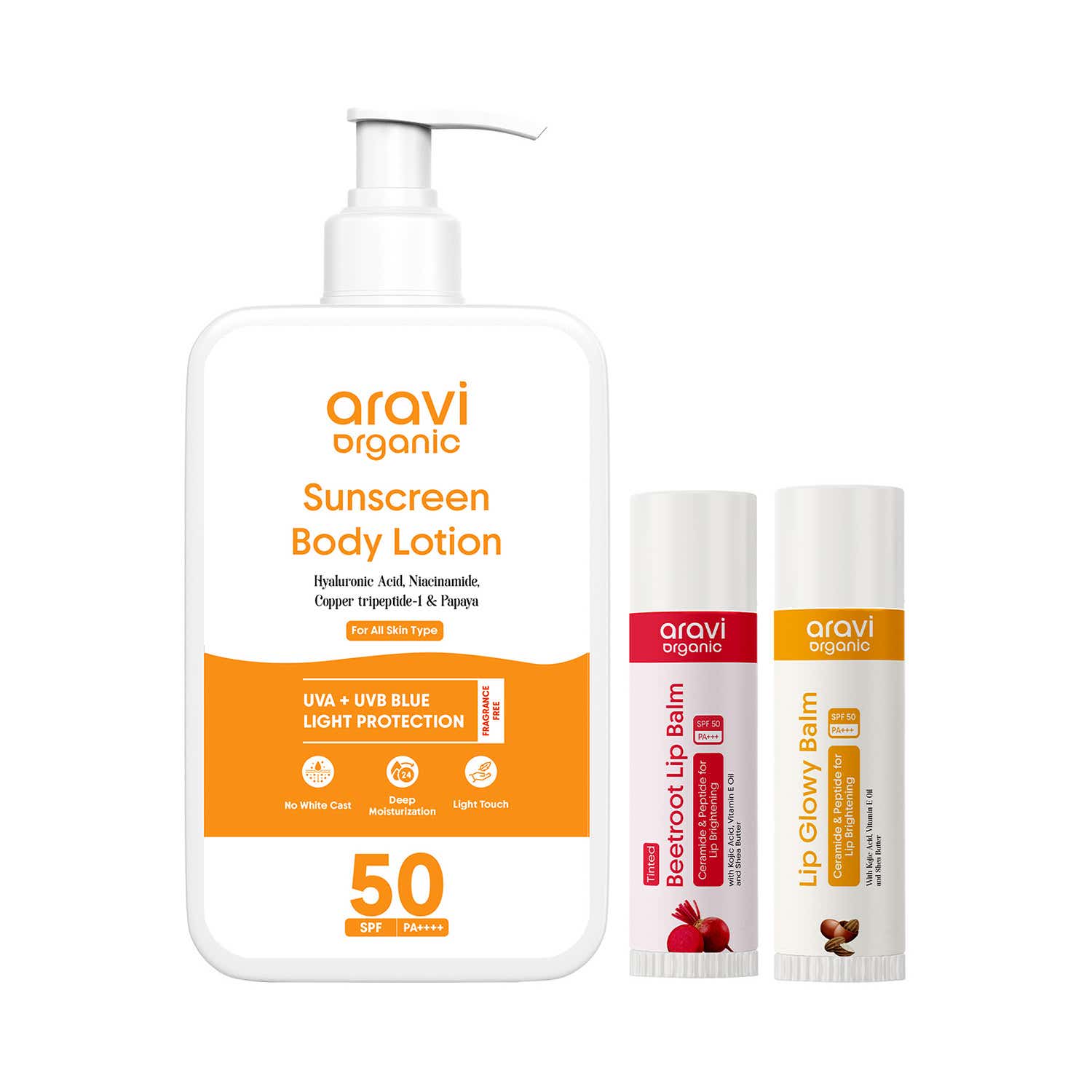 Aravi Organic | Aravi Organic Sun & Lip Care Trio - Sunscreen Lotion, Tinted & Non-Tinted Lip Balm Combo