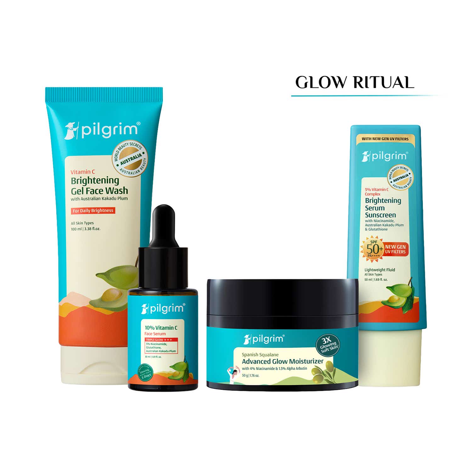 Pilgrim | Pilgrim Vitamin C Brightening Ritual Facewash, Serum, Moisturizer & Sunscreen Combo