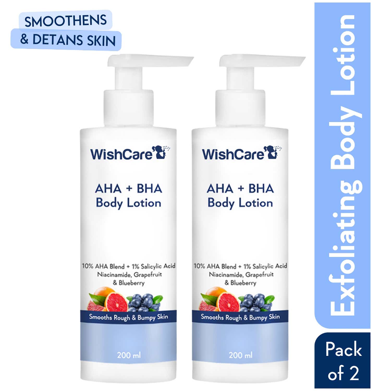 WishCare | WishCare AHA + BHA Exfoliating Body Lotion for Strawberry Skin- For Skin Detan (200 ml x 2)
