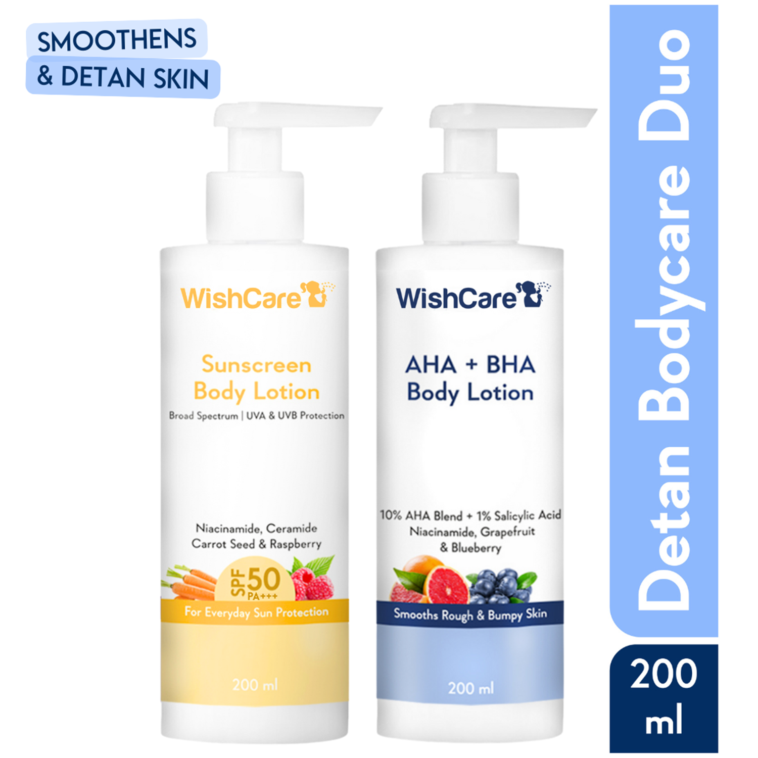 WishCare | Wishcare Detan Combo - Sunscreen SPF 50 & 10% AHA + 1% BHA Body Lotion (200 ml + 200 ml)