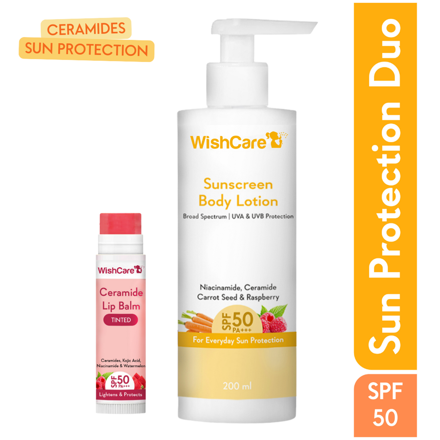 WishCare | WishCare Ceramide Sun Protection Duo with SPF 50 PA++++ For Body & lips (200 ml + 5 g)