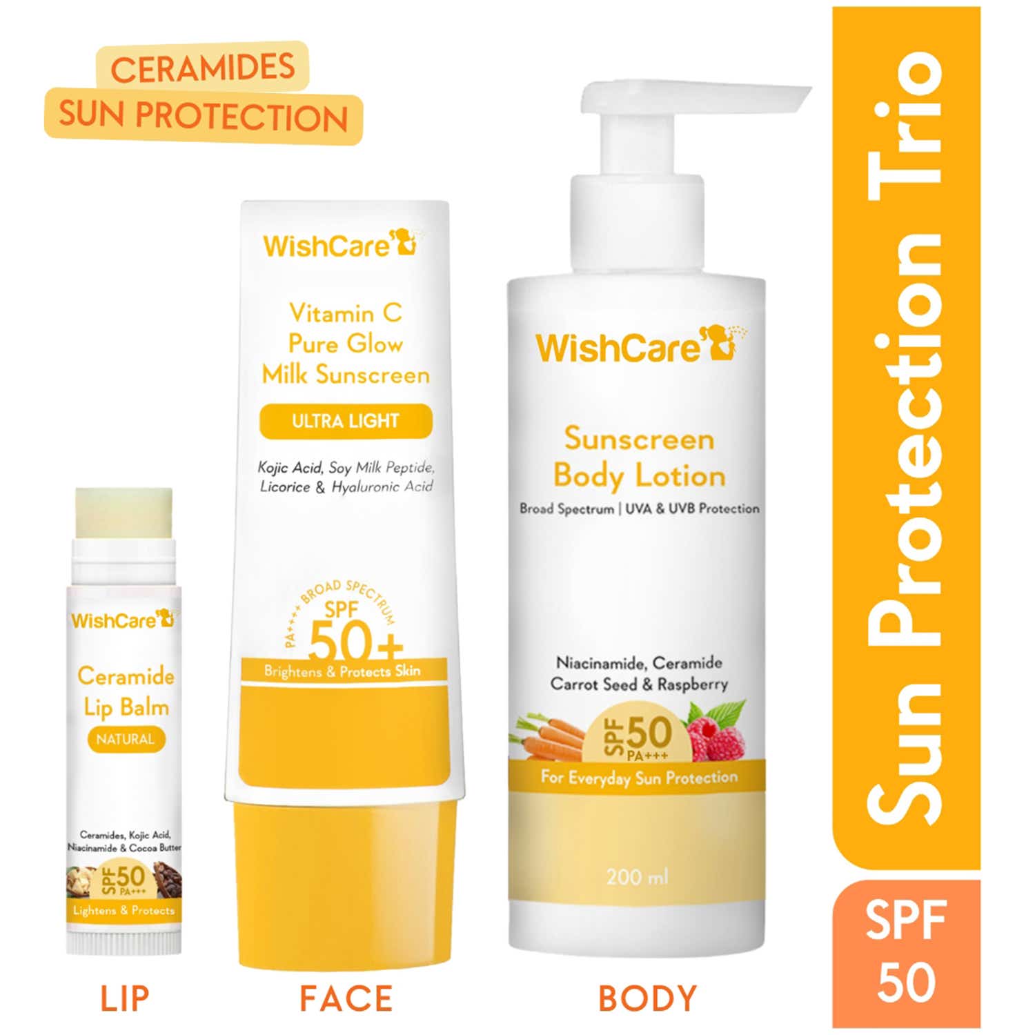 WishCare | WishCare Sun Protection SPF50 + PA++++ Trio Vitamin C, Kojic Acid & Ceramide Face, Lip & Body Combo