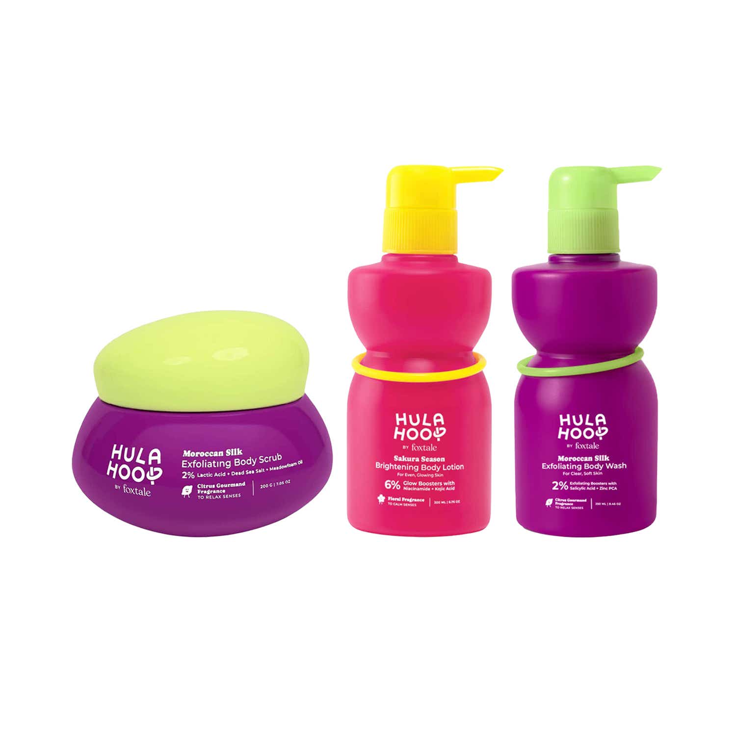 Foxtale | Hula Hoop Exfoliating Body Scrub + Exfoliating Body Wash + Brightening Body Lotion by Foxtale Combo