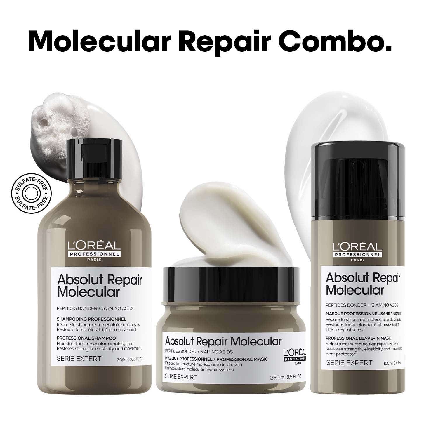 L'OREAL PROFESSIONNEL | L'OREAL PROFESSIONNEL Absolut Repair Molecular Sulfate-Free Shampoo, Mask & Leave-In Cream (650 ml)
