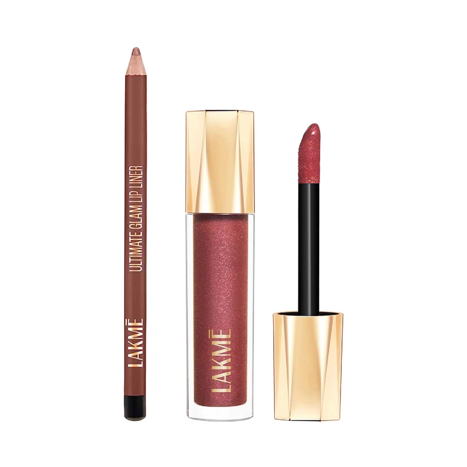 Lakme | Lakme Glitterati Lip Glaze, High Shine Lip Plumper Lip Gloss & Lip Liner Combo - Nudes