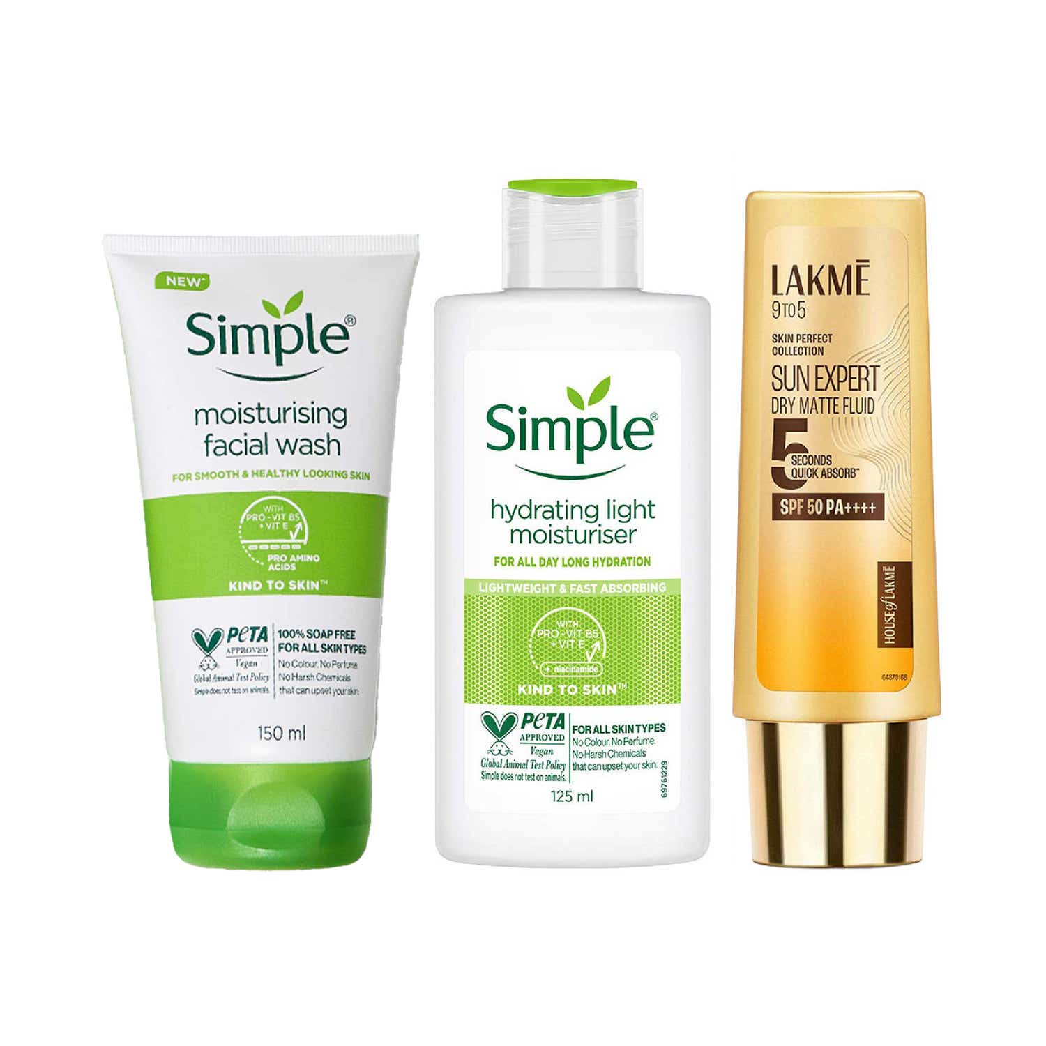 Simple | Simple Moisturising Facewash + Hydrating Moisturiser + Lakme Sun Expert Dry Matte Fluid SPF 50