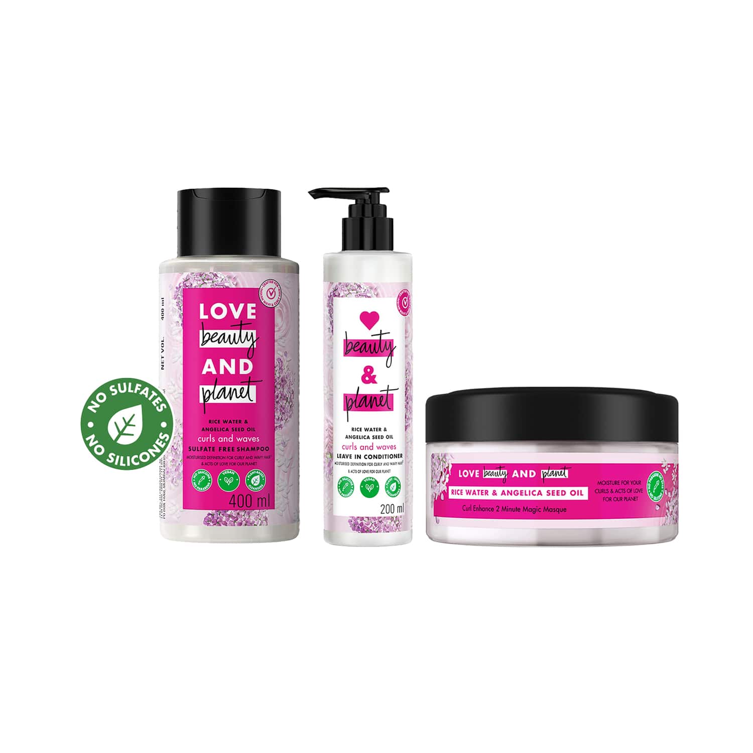 LOVE beauty AND planet | LOVE beauty AND planet Rice Water & Angelica Seed Oil Shampoo & Mask, Leave In Conditioner