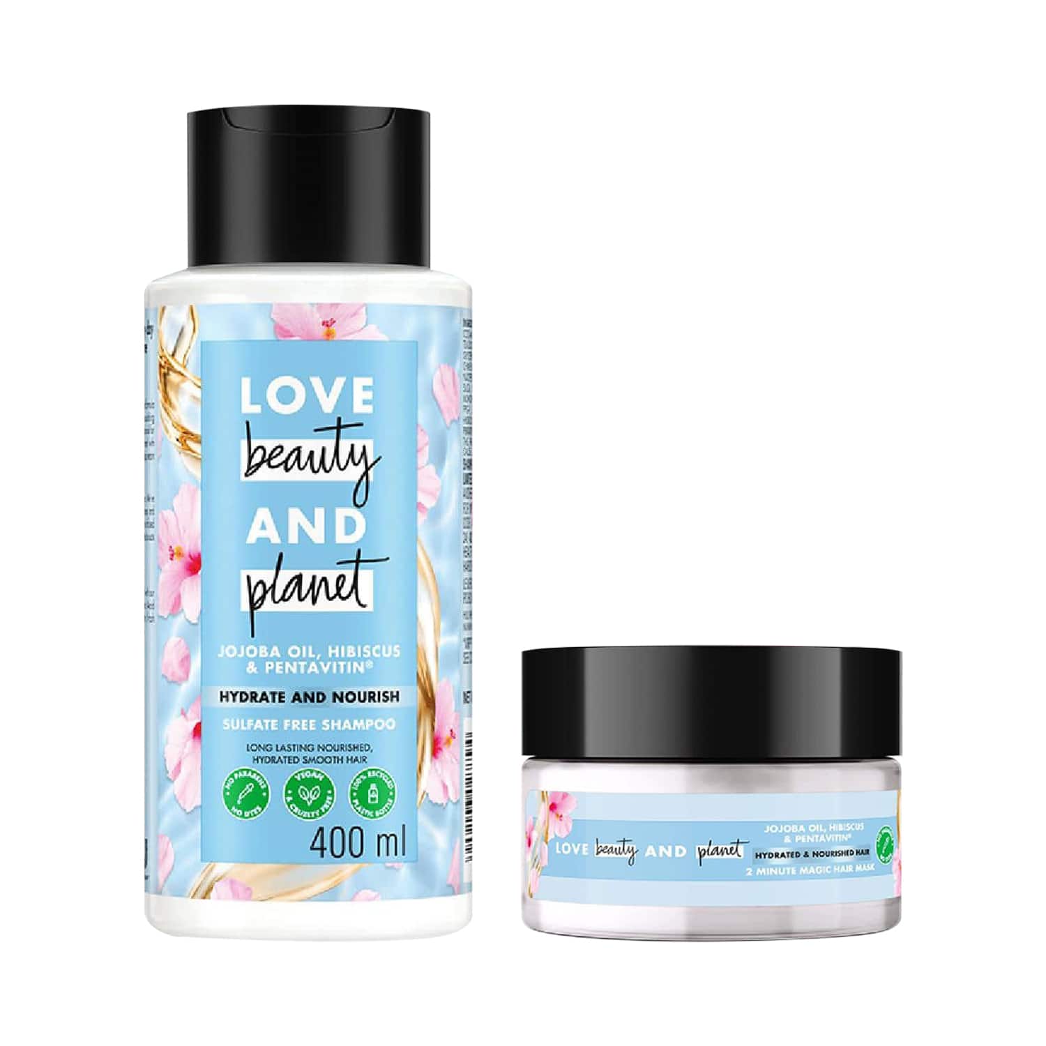 LOVE beauty AND planet | LOVE beauty AND planet Jojoba Oil, Hibiscus Hydrate Shampoo (400 ml) and Hair Mask (200 ml) Combo