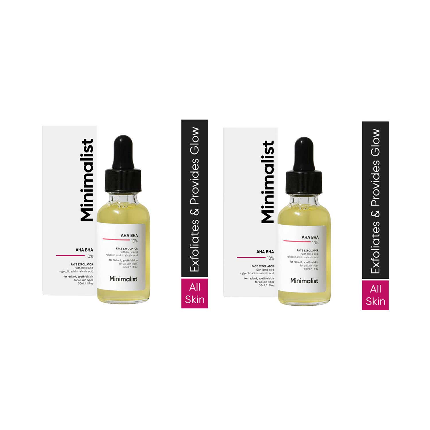 Minimalist | Minimalist AHA BHA 10% Exfoliator with Hyaluronic Acid for Even Tone Younger Skin (30ml) Combo of 2