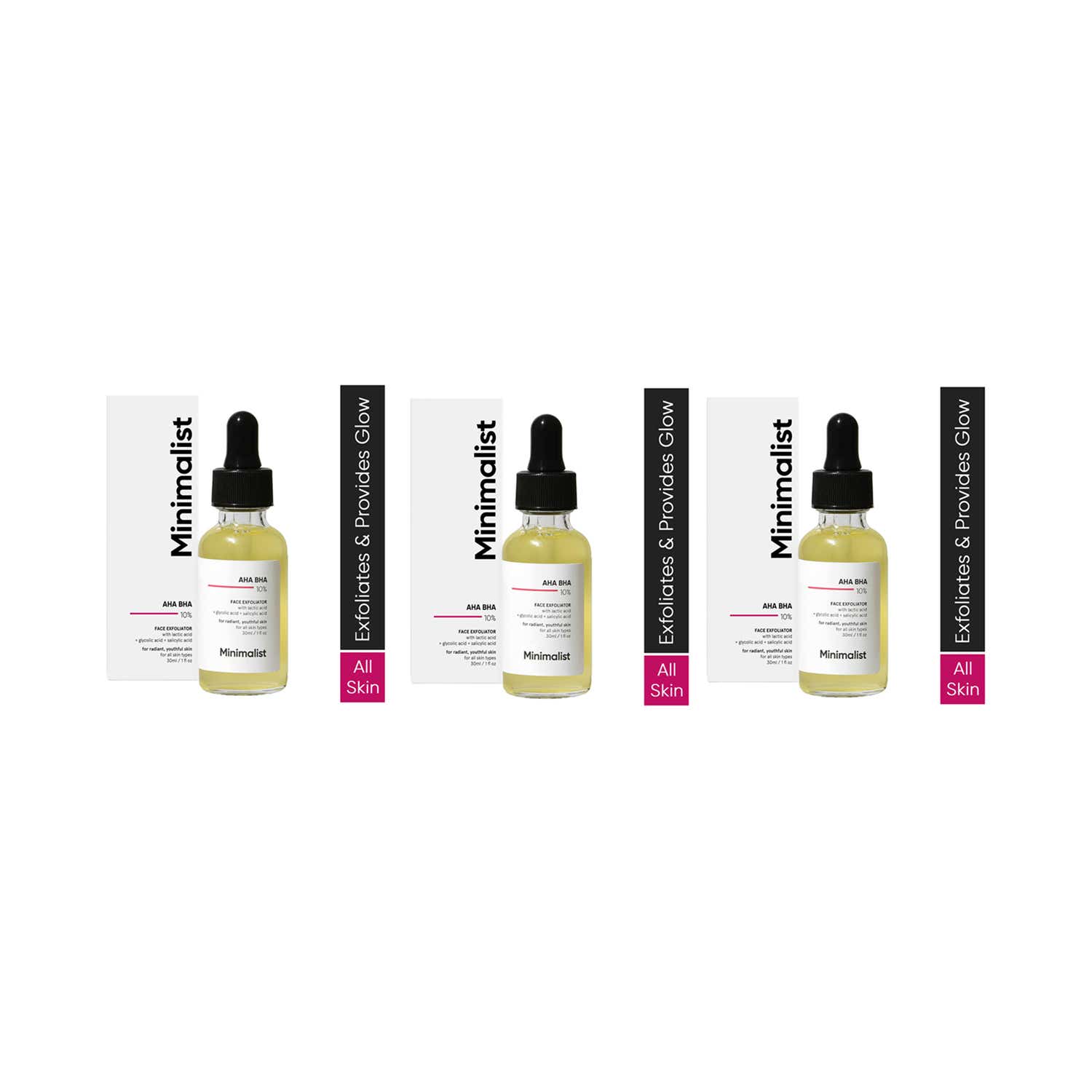 Minimalist | Minimalist AHA BHA 10% Exfoliator with Hyaluronic Acid for Even Tone Younger Skin (30ml) Combo of 3