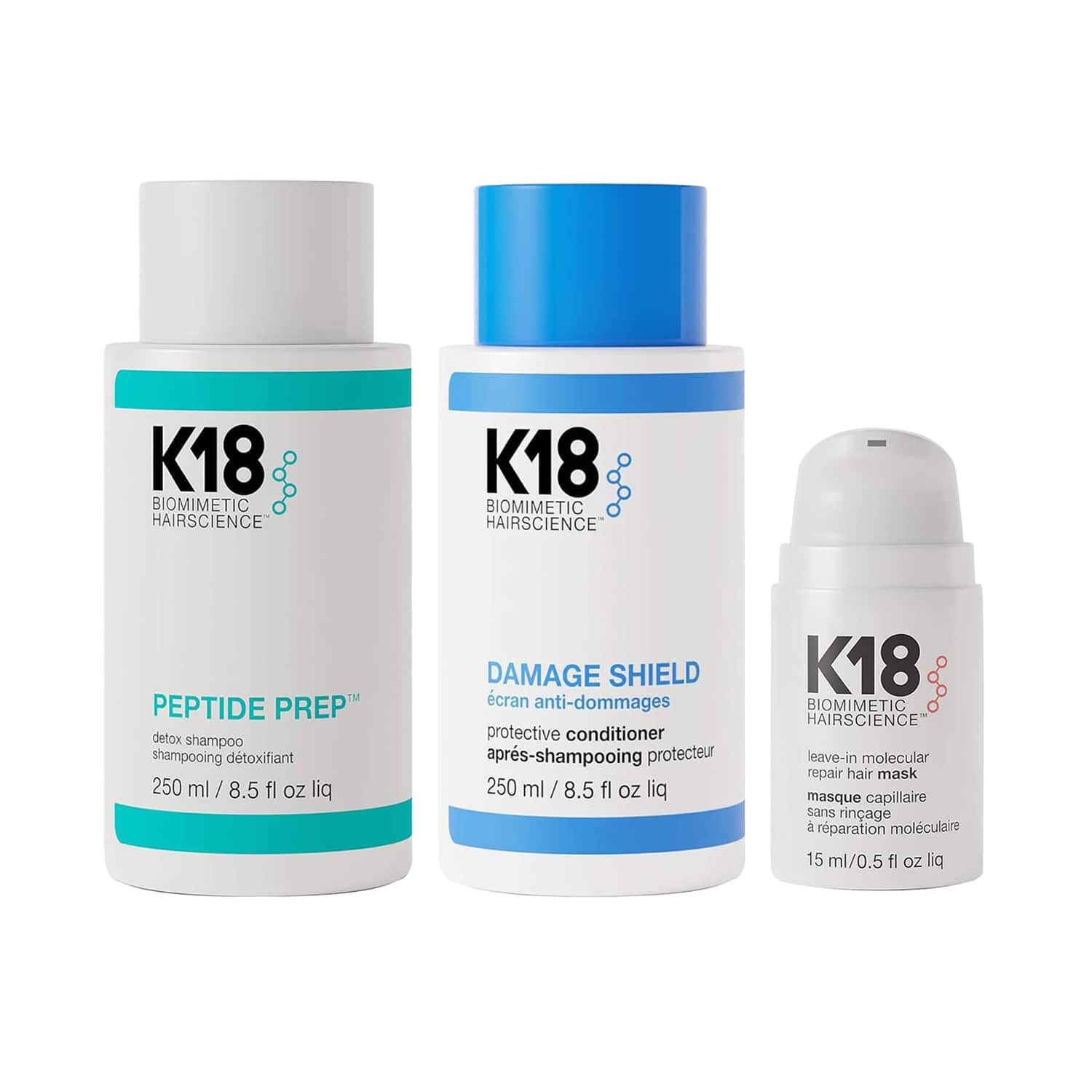 K18 | K18 Peptide Prep Detox Shampoo, Shield Conditioner and Molecular Hair Mask Combo (2 x 250 ml+15 ml)