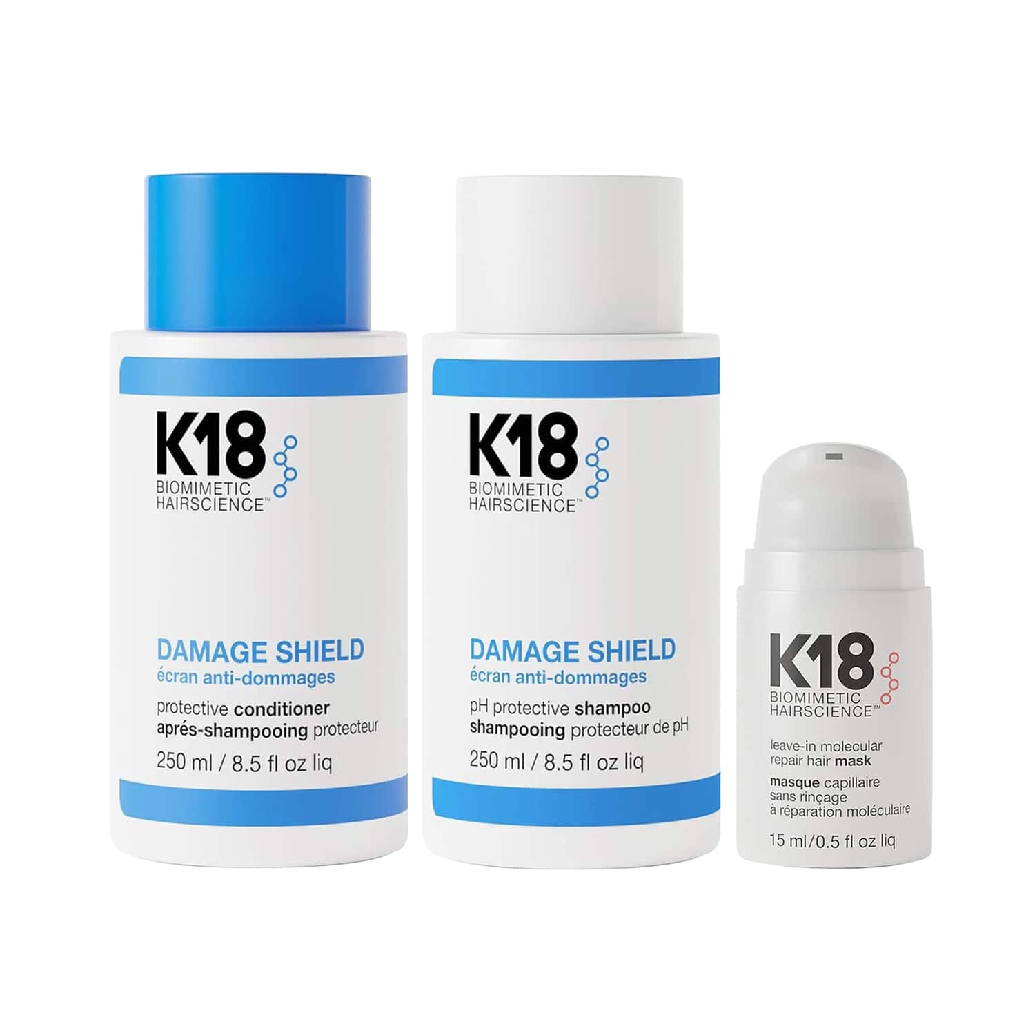 K18 | K18 DAMAGE Shield Protective Shampoo, Conditioner and Molecular Hair Mask Combo (2 x 250 ml + 15 ml)