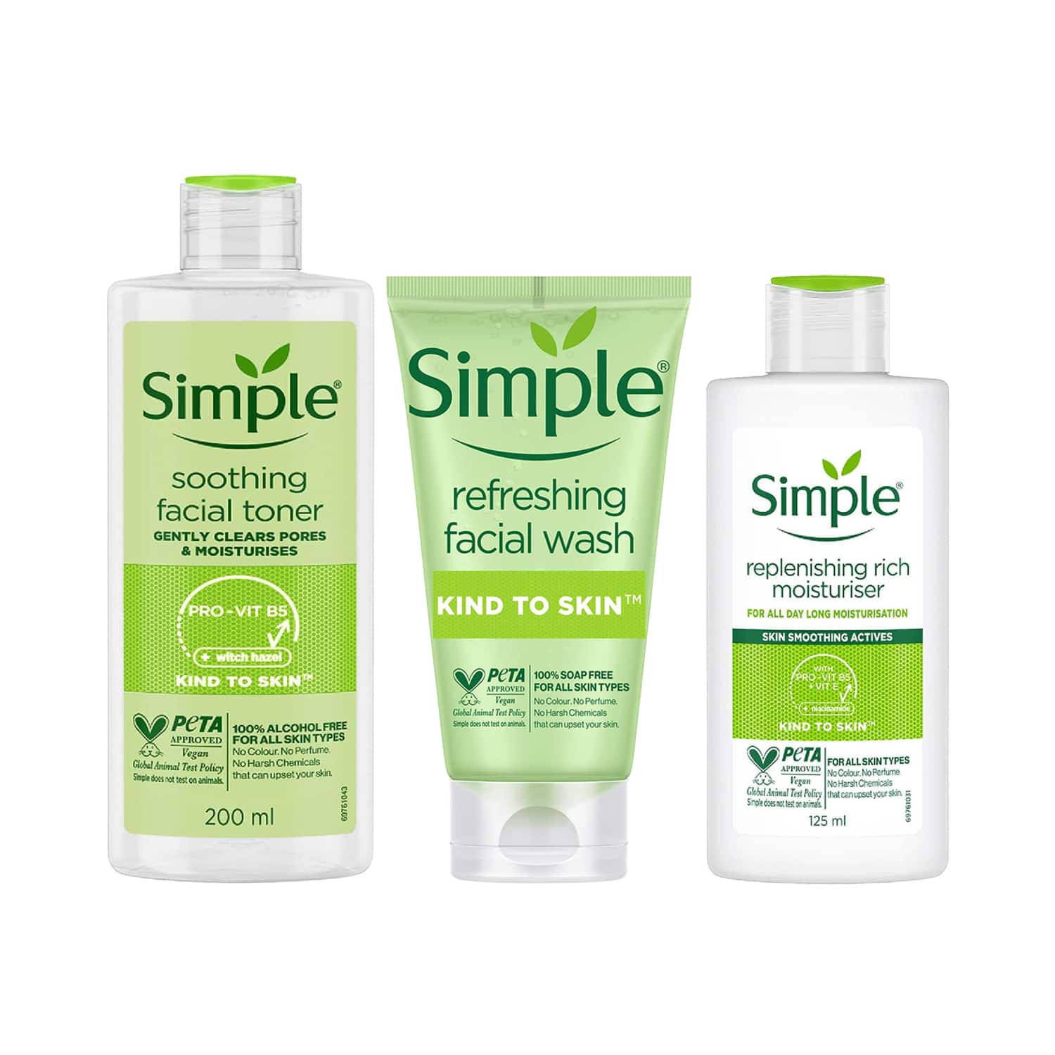 Simple | Simple Kind To Skin Soothing Facial Toner + Facial Wash + Replenishing Rich Moisturiser Combo