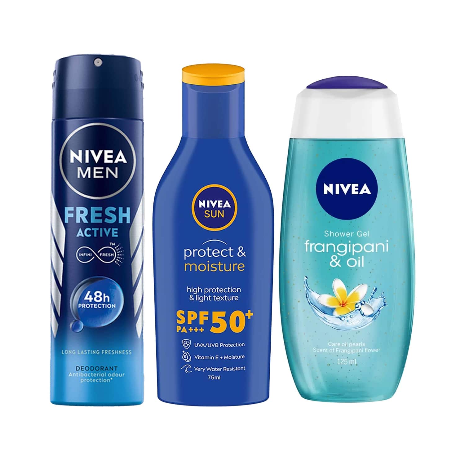 Nivea | Nivea Frangipani & Oil Body Wash and Fresh Active Deodorant, Sun Lotion Summer Essential Combo