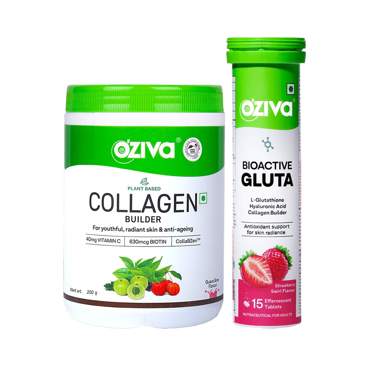 Oziva | Oziva Plant Based Collagen Builder Guava (200 g) & Bioactive Gluta Fizzy Strawberry 15 Tablets Combo