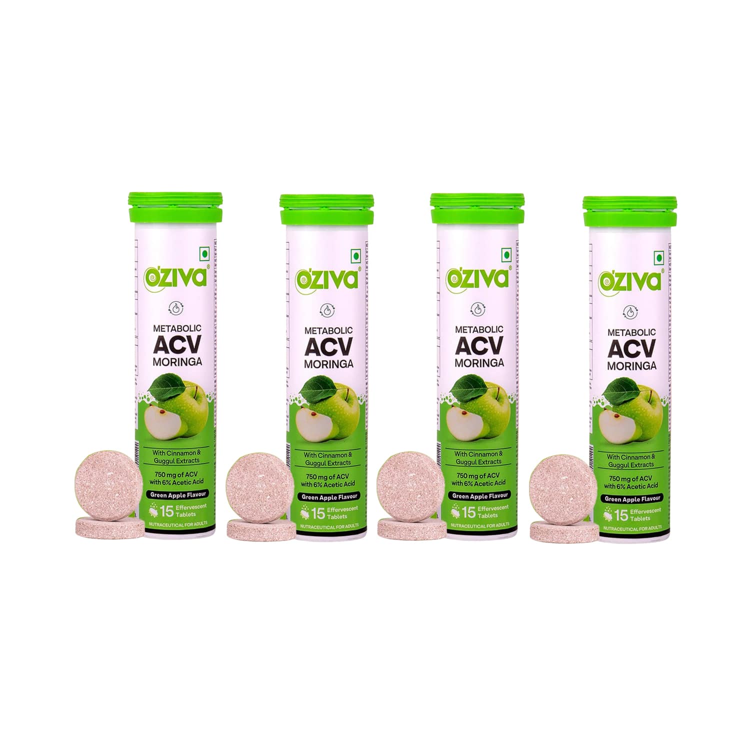 Oziva | Oziva ACV Moringa Control Cravings Fat Oxidation Formula, Green Apple Pack of 4 Combo (60 tablets )