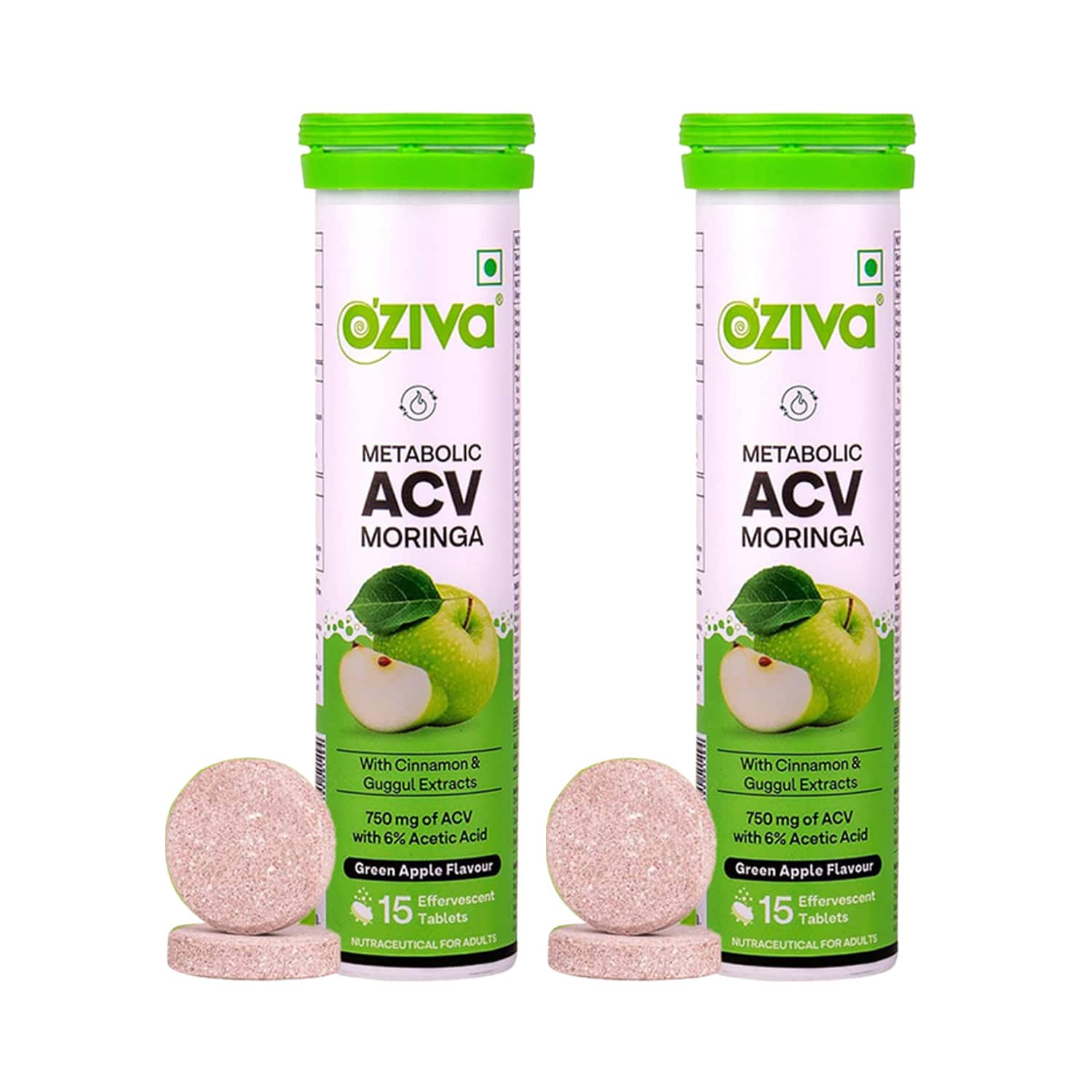 Oziva | Oziva ACV Moringa Control Cravings Fat Oxidation Formula, Green Apple Pack of 2 Combo (30 tablets)