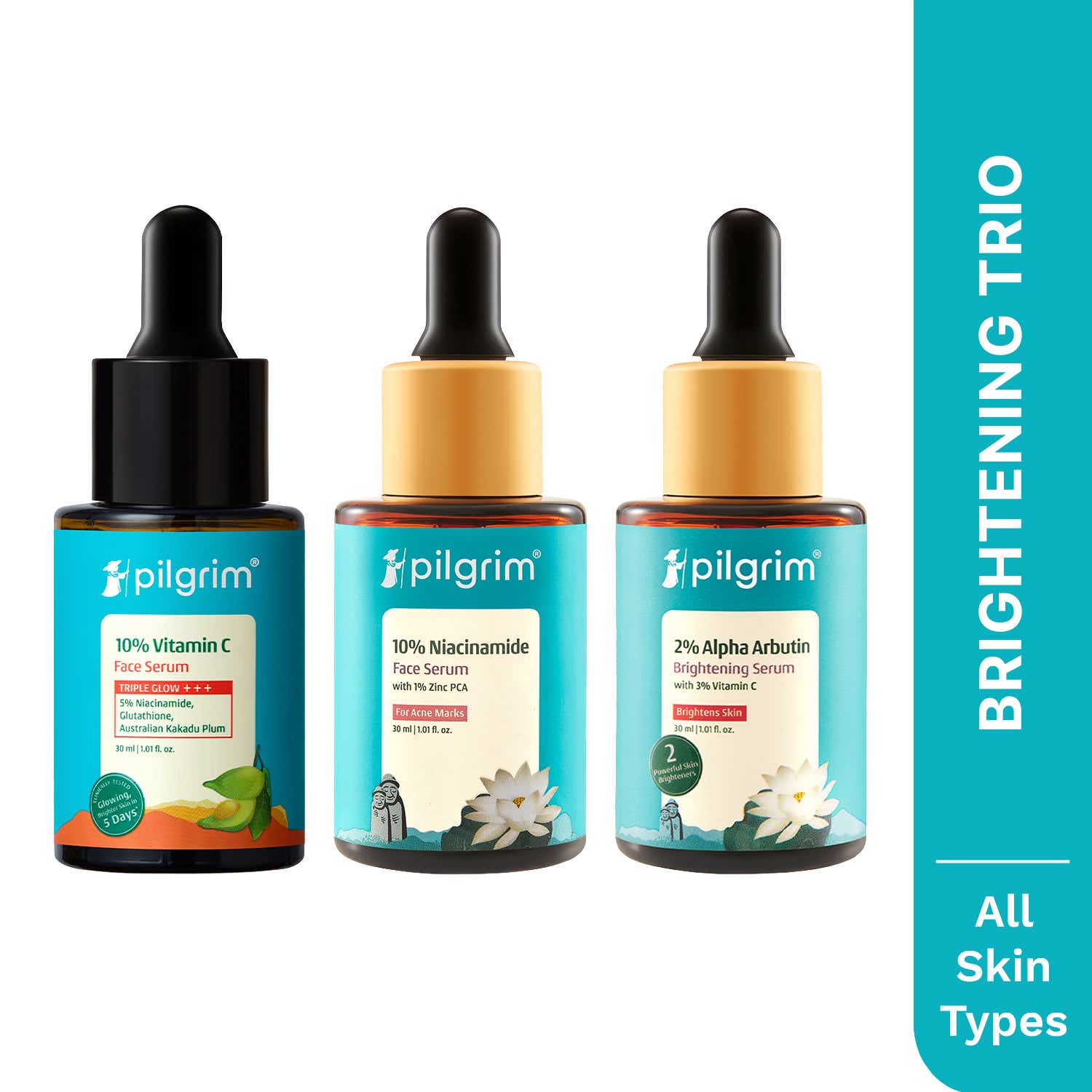 Pilgrim | Pilgrim Brightening Power Trio Vitamin C Serum, Niacinamide Serum & Alpha Arbutin Serum Combo