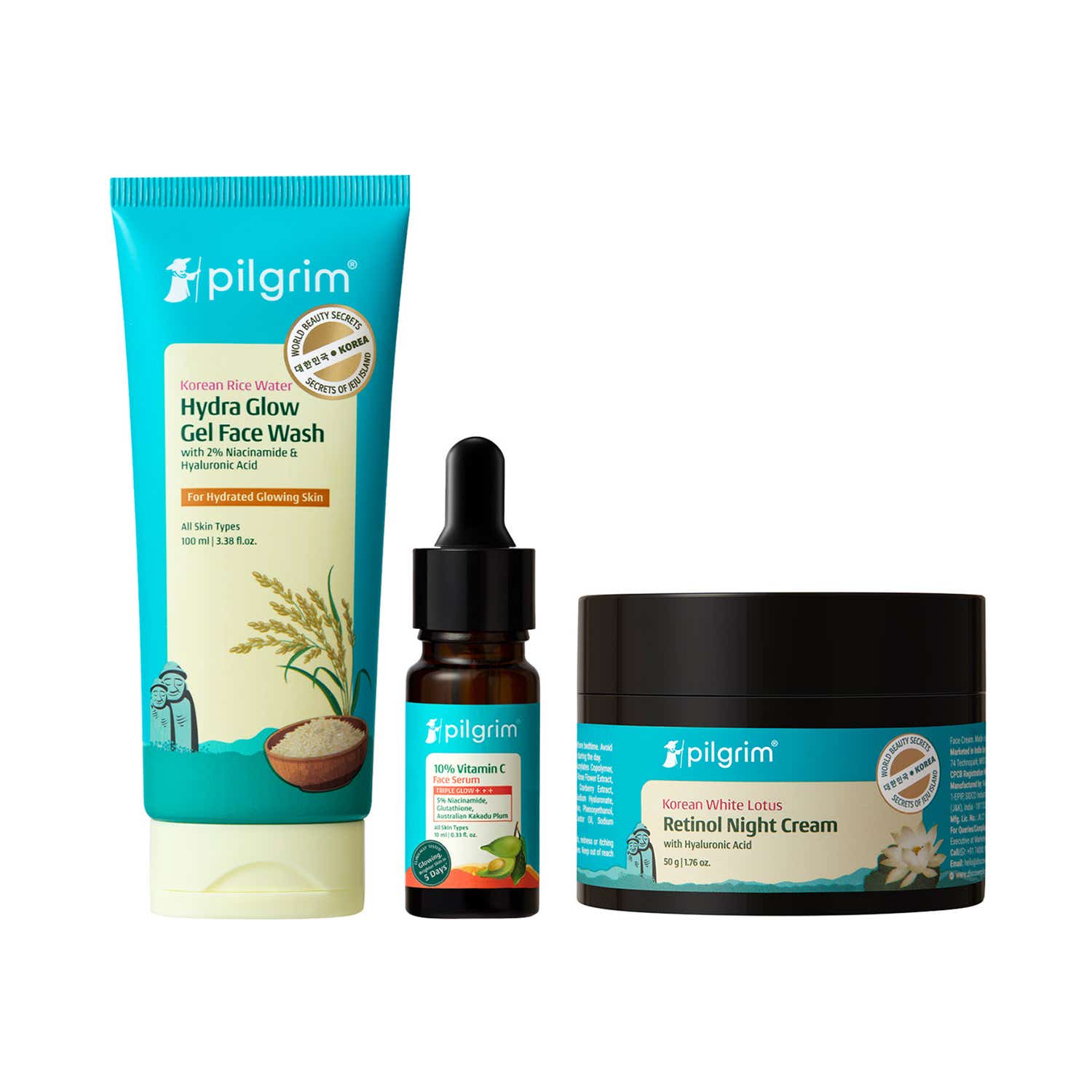Pilgrim | Pilgrim PM Night Routine - Hydra Glow Facewash, 10%Vitamin C Serum and Retinol Night Cream Combo