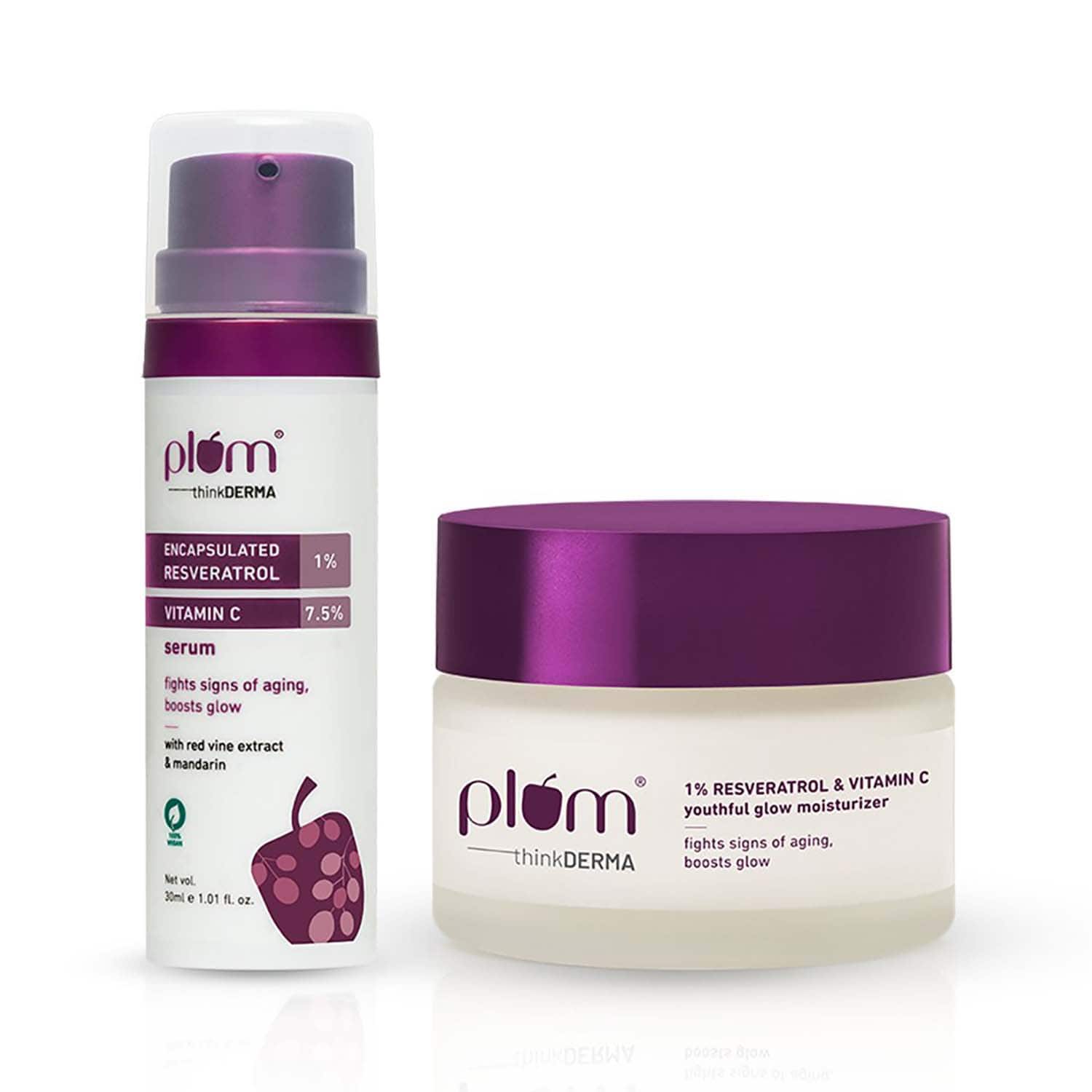Plum | Plum Resveratrol Youthful Glow Duo, Face Serum & Moisturizer With Resveratrol & Vitamin C Combo