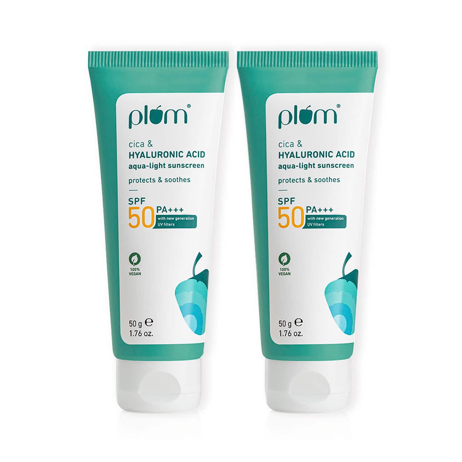 Plum | Plum Cica and Hyaluronic Acid Aqua-Light Sunscreen SPF 50 for All Skin Type (50 g) (Pack of 2) Combo