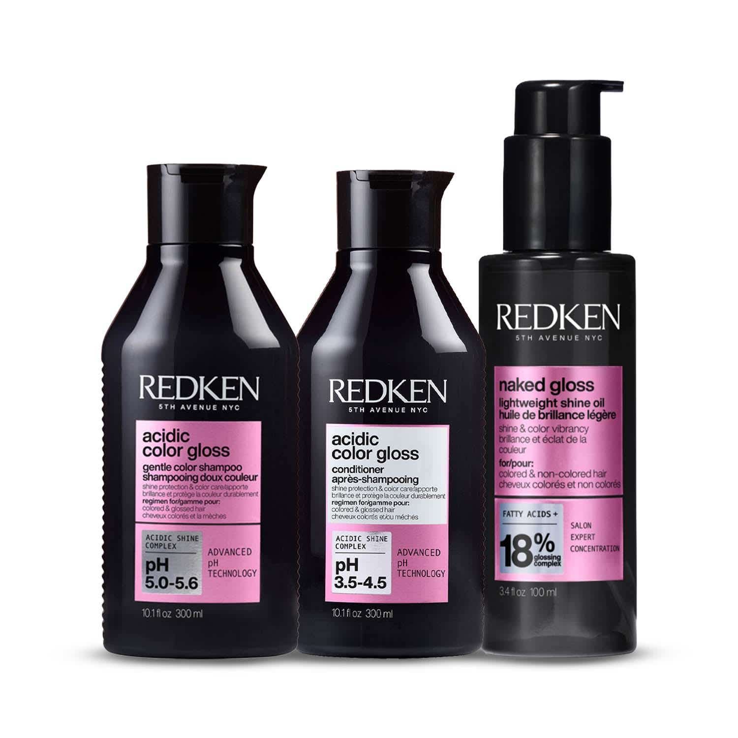 REDKEN | Redken's Color Protection & Shine Combo -Acidic Color Gloss Shampoo, Conditioner & Naked Gloss Serum