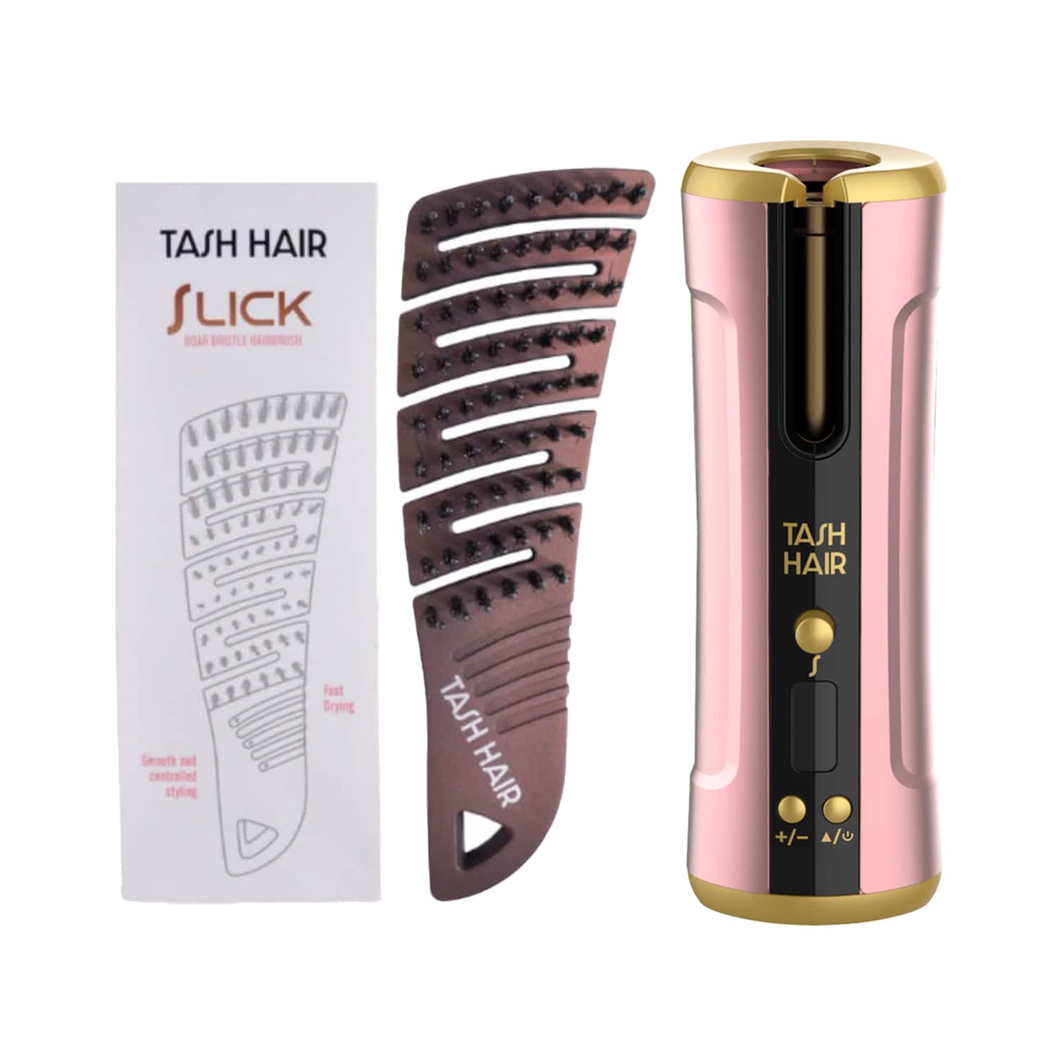 Tash Hair | Tash Hair Twirl Automatic Hair Curler -Blush & Slick, Detangling Boar Bristle Hair Brush Combo