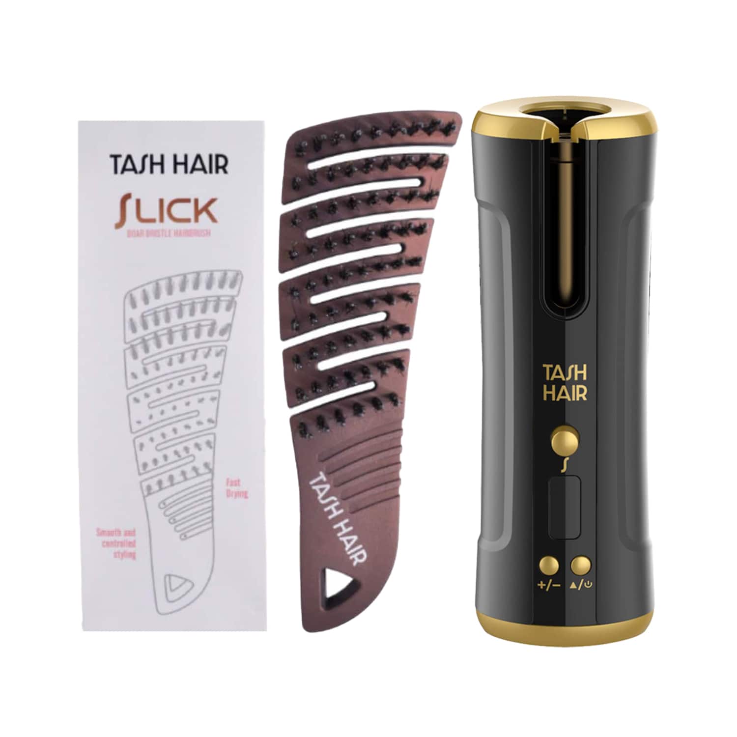 Tash Hair | Tash Hair Twirl Automatic Hair Curler - Onyx & Slick, Detangling Boar Bristle Hair Brush Combo
