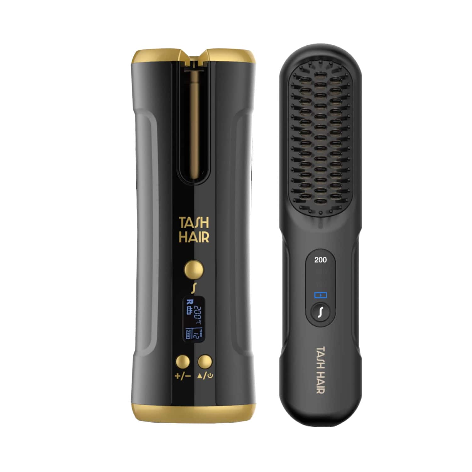 Tash Hair | Tash Hair Twirl Automatic Cordless Hair Curler (Onyx) & Glide Hair Straightener Brush (Noir) Combo