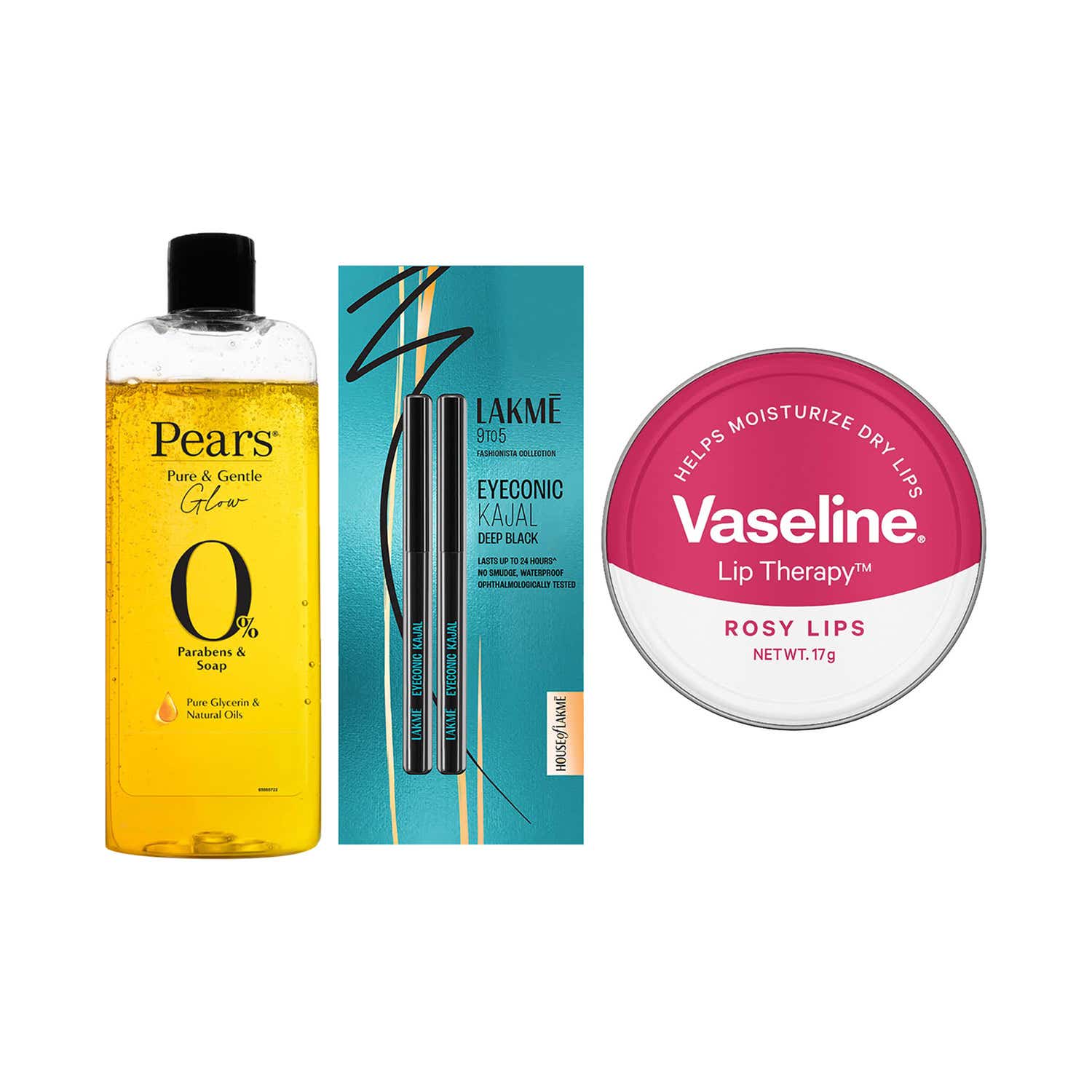 Pears | Pears Body Wash 250ml + Vaseline Rosy Lip + Lakme Eyeconic Kajal Twin Pack Combo