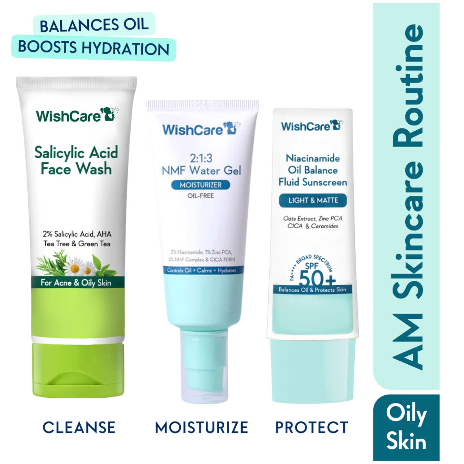 WishCare | Wishcare AM Skincare Routine With Face Wash, Moisturizer And Sunscreen Oily & Sensitive Skin Combo