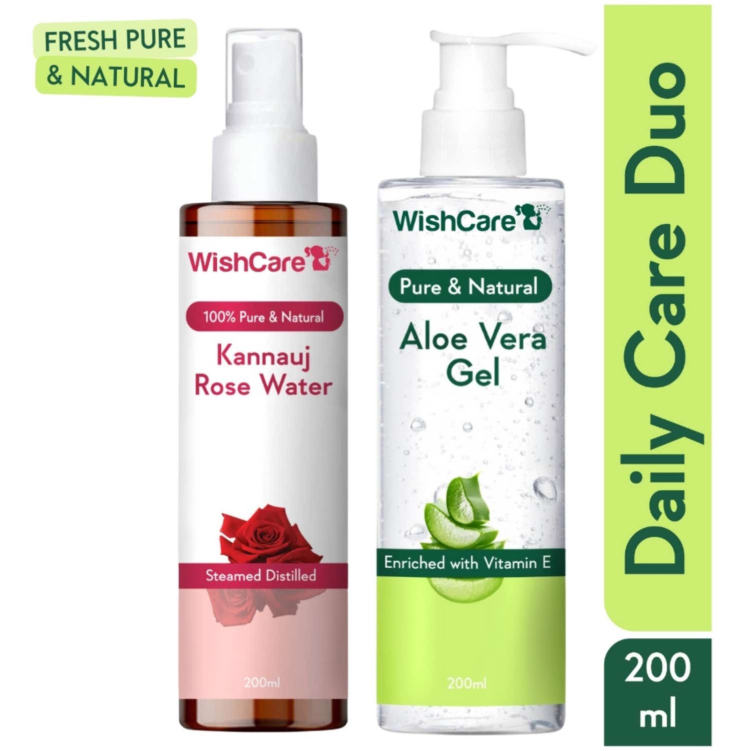 WishCare | WishCare Pure & Natural Rose Water Toner & Aloe Vera Gel Combo-Hydrates & Repairs Skin (200 ml each)