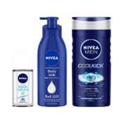 Nivea Essential Combo - Body Milk, Shower Gel & Fresh Natural Deo Roll On