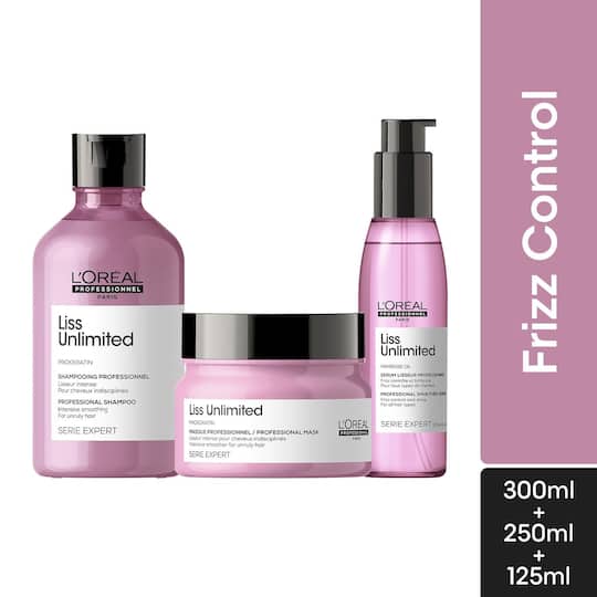 L'OREAL PROFESSIONNEL Liss Unlimited Shampoo (300ml), Hair Mask (250g) & Hair Serum (125ml) Combo