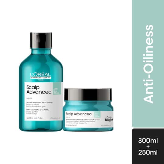 L'OREAL PROFESSIONNEL Scalp Anti-Oiliness Shampoo (300 ml), 2-In-1 Deep Purifier Clay (250 g) Combo