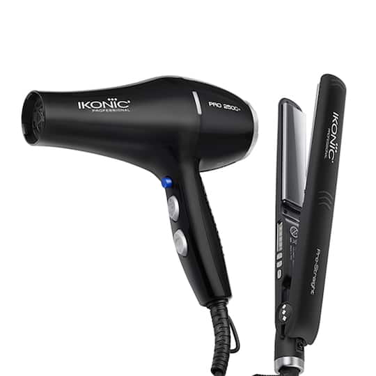 Ikonic Professional Pro Straight Hair Straightener and 2500+ Pro Black Hair Dryer Combo