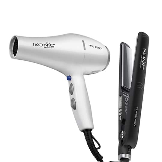 Ikonic Professional Pro Straight Black Hair Straightener and 2500+ Pro White Hair Dryer Combo