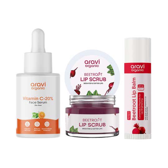 Aravi Organic Brightening Vitamin C Serum + Lip Scrub + Tinted Lip Balm Pack of 3 Combo