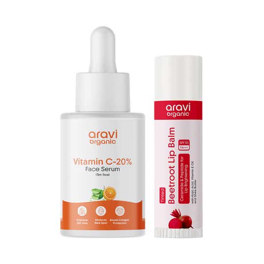 Aravi Organic Brightening Vitamin C Face Serum + Tinted Lip Balm Pack of 2 Combo