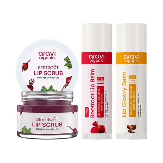 Aravi Organic Lip Care Trio - Lip Scrub, Tinted & Non-Tinted Balm Combo for Soft, Nourished Lips