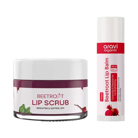 Aravi Organic Lip Glow Duo - Lip Scrub & Tinted Lip Balm for Smooth, Hydrated Lips Combo
