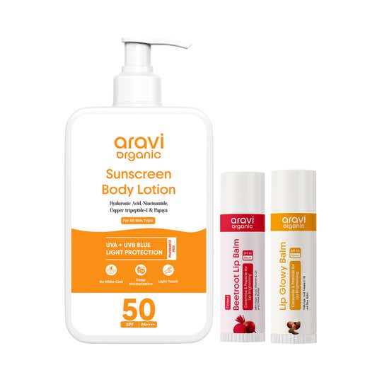 Aravi Organic Sun & Lip Care Trio - Sunscreen Lotion, Tinted & Non-Tinted Lip Balm Combo