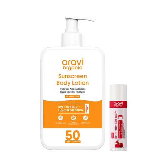 Aravi Organic Sunscreen Body Lotion & Tinted Lip Balm Combo for Sun Protection & Lip Nourishment