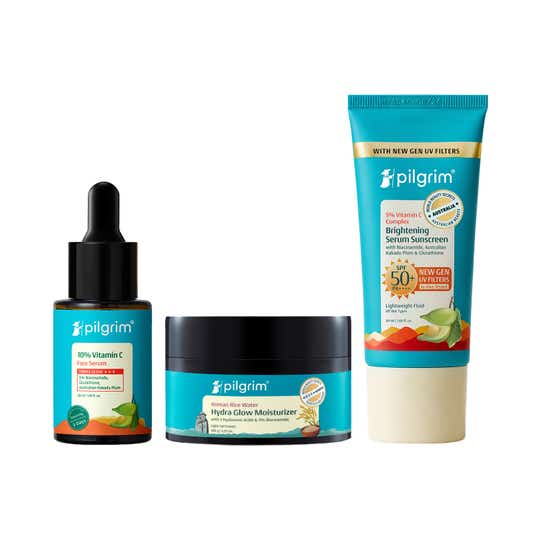 Pilgrim Glow Routine 10% Vitamin C Face Serum, SPF50+ PA++++ Sunscreen & Moisturizer Combo