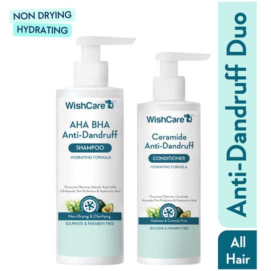WishCare Hydrating AHA BHA Anti Dandruff Shampoo & Ceramide Conditioner Duo (250 ml +200 ml) Combo